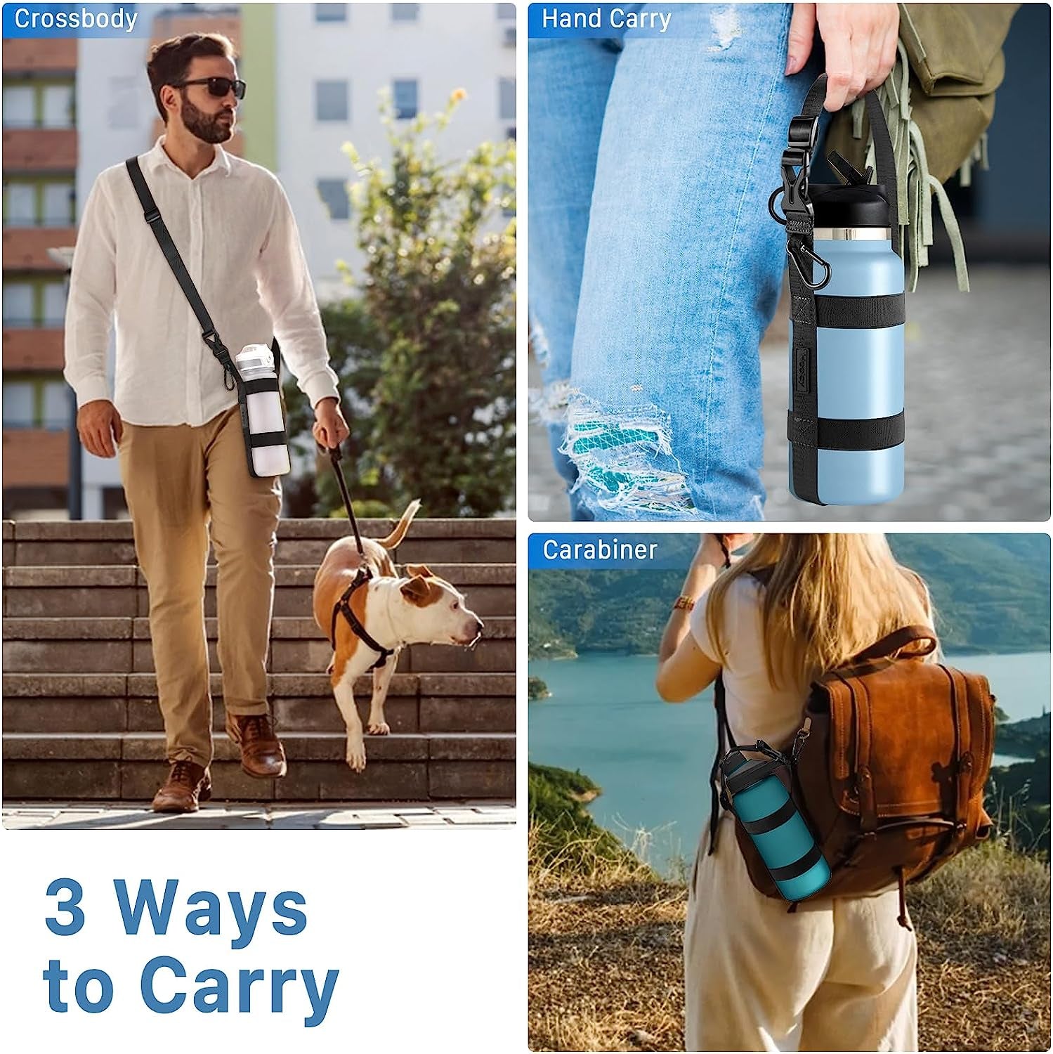 Carrier Strap, for 12/25/32/40/64 Oz Universal/Hydro Flask Water Bottles, Adjustable Shoulder Strap & Carabiner, for Walking Hiking Gym (Bottle Excluded)