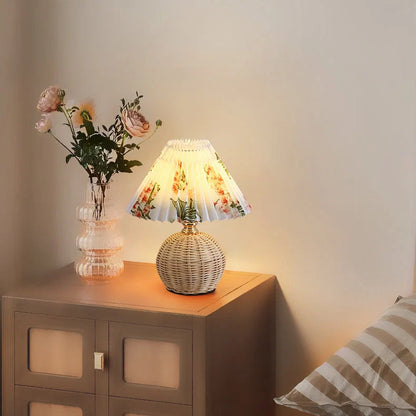 Boho Rattan Pleated Cone Table Lamp