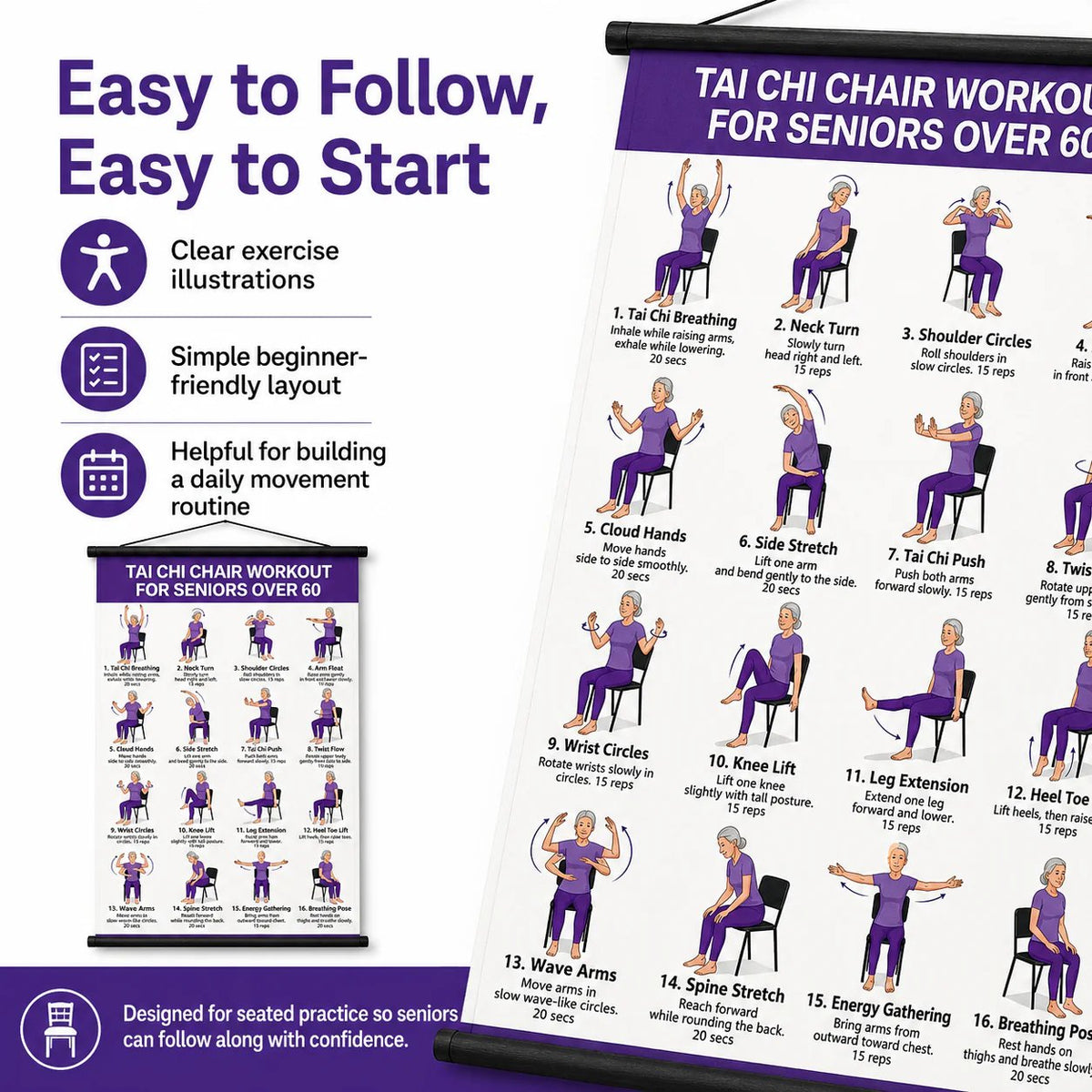 16-Move Seated Tai Chi Exercise Chart for Seniors