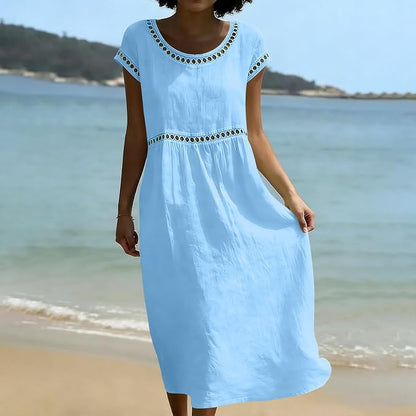 Relaxed Linen Summer Midi Dress with Hollow Out Detail and Flared Sleeves