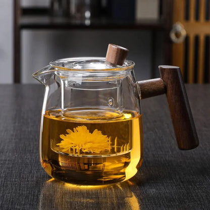 Borosilicate Glass Teapot with Infuser and Wooden Handle