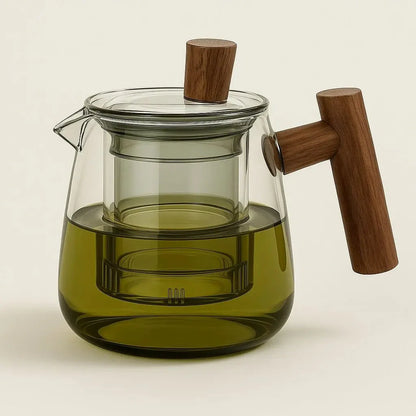 Borosilicate Glass Teapot with Infuser and Wooden Handle
