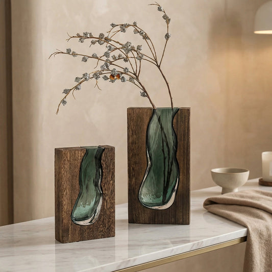 Nordic Live Edge Glass Vase with Natural Wood Base