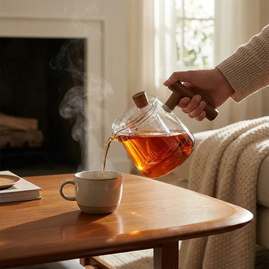 Borosilicate Glass Teapot with Infuser and Wooden Handle
