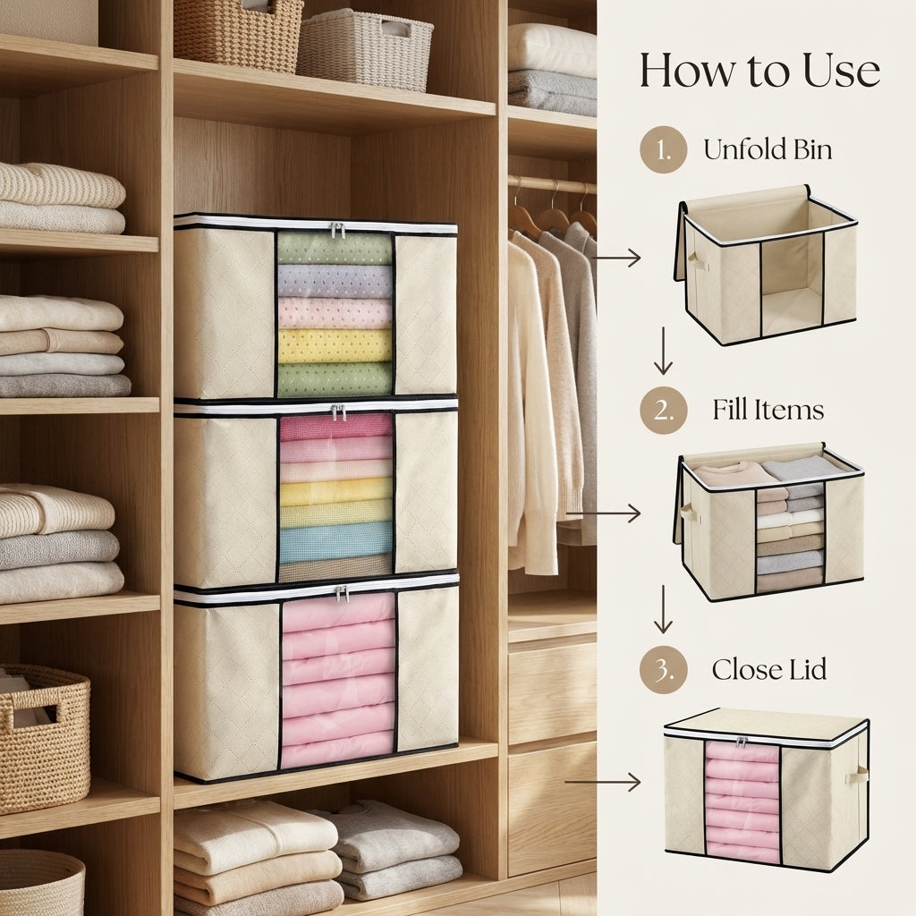 Collapsible Storage Bins with Clear View Lid and Handles