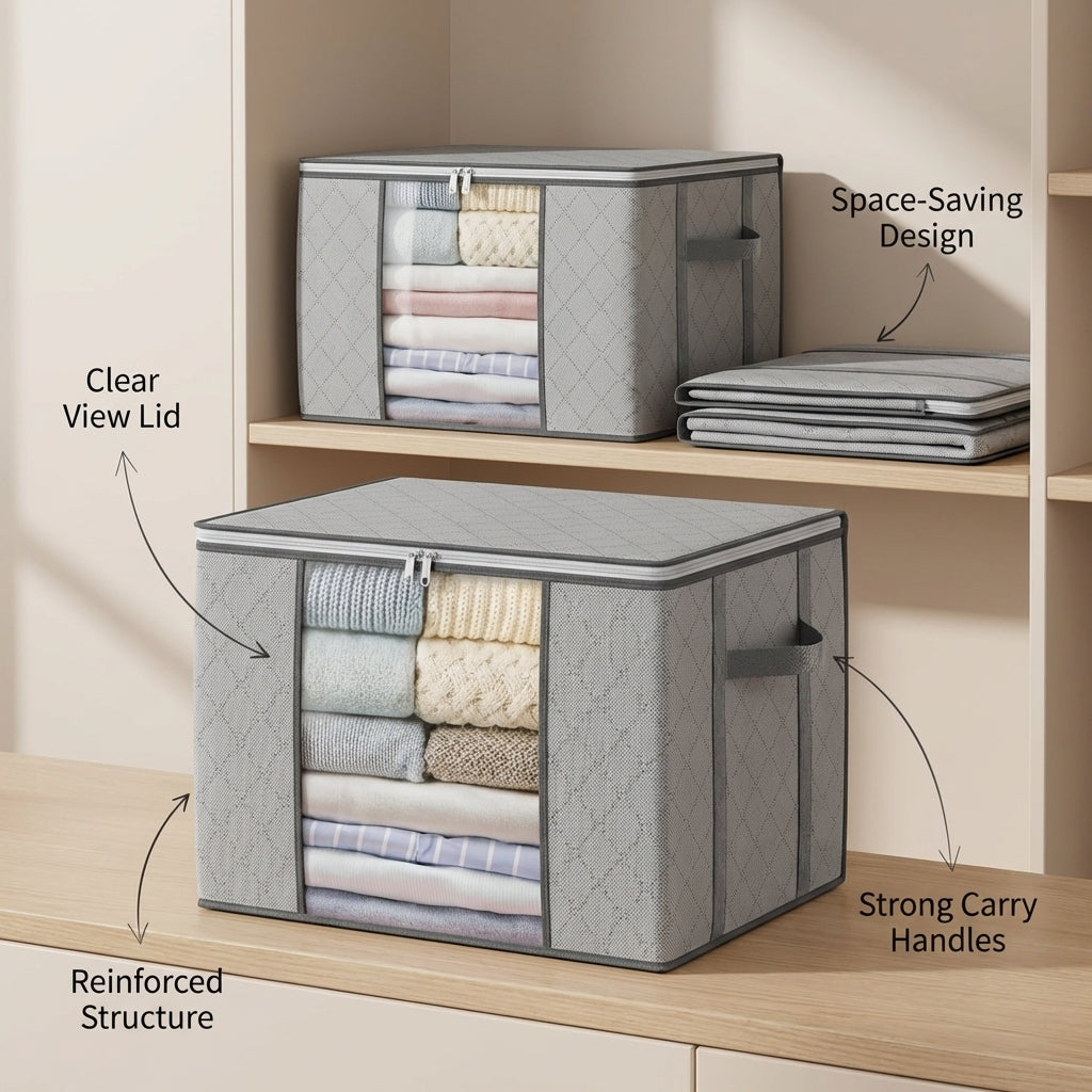 Collapsible Storage Bins with Clear View Lid and Handles